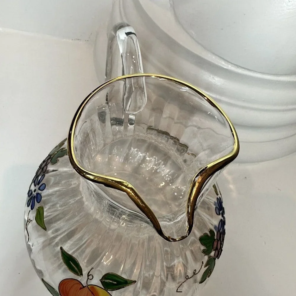 Crystal Clear Pitcher 8‎ Inch Ribbed Venetian Fruit 22K Gold Trim Romania 96 oz